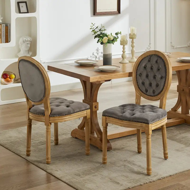 Solid Wood Frame Antique Dining Chair, Hand-Pulled Buckle Decoration Velvet Dining Chair with Nailhead Trim, Set of 2