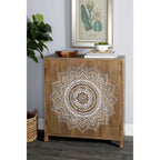 Wood Floral Intricately Carved 1 Shelf and 2 Doors Room Cabinet - Brown