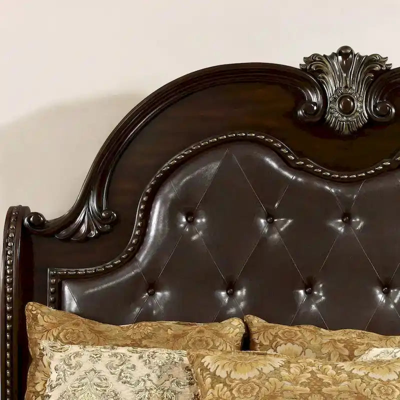 Etane Traditional Solid Wood Sleigh Bed with Tufted Leatherette Headboard