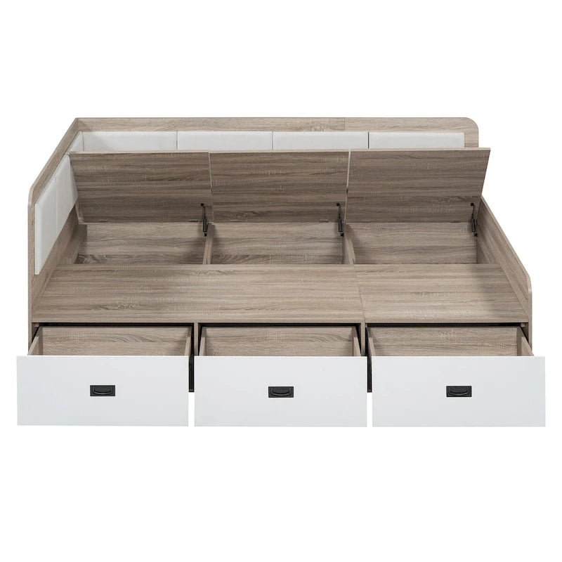 Wooden Daybed Sofa Bed Frame L-Shaped Storage Daybed with 3 Storage Drawers and 3 Built-in Storage Compartments