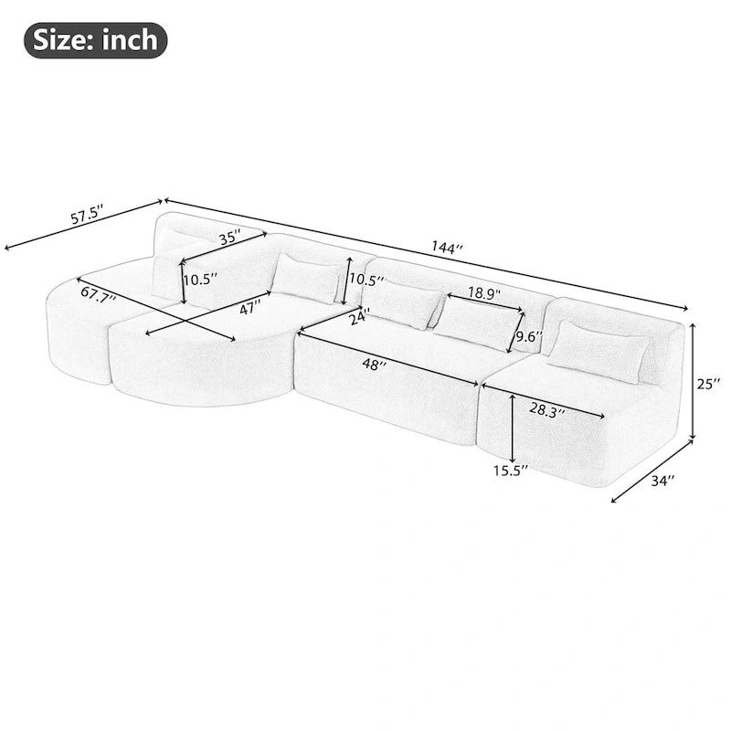 Upholstered Modular Sofa with 2 Curved Chaise Lounges and 5 Back Pillows, Free-Combination Sofa Couch for Living Room