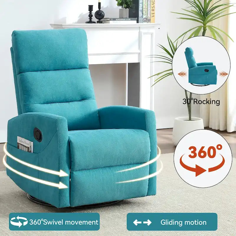 Manual Recliner Chair with Rocker and Swivel in Fabric for Living Room