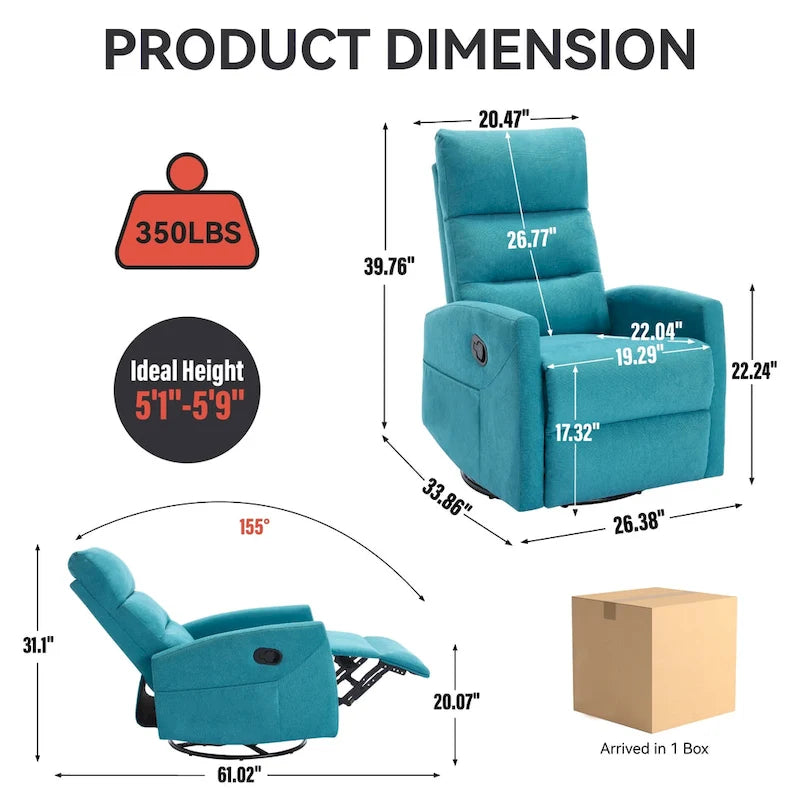Manual Recliner Chair with Rocker and Swivel in Fabric for Living Room