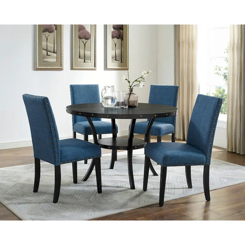 Mid-Century Modern Dining Table and Chair Sets Farmhouse Kitchen Dining Table Sets with Brass Nailheads and Metal Legs