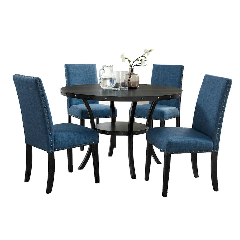 Mid-Century Modern Dining Table and Chair Sets Farmhouse Kitchen Dining Table Sets with Brass Nailheads and Metal Legs