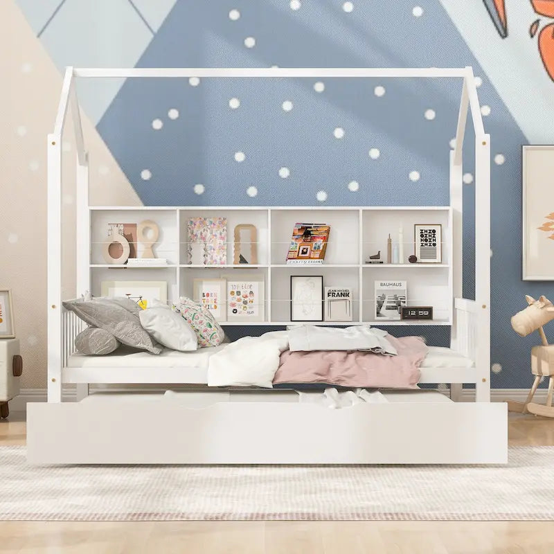 Wood Kids Bed Frame Storage Headboards Bed House Bed with Pull-out Trundle Bed, Wood Slat Support Platform Bed