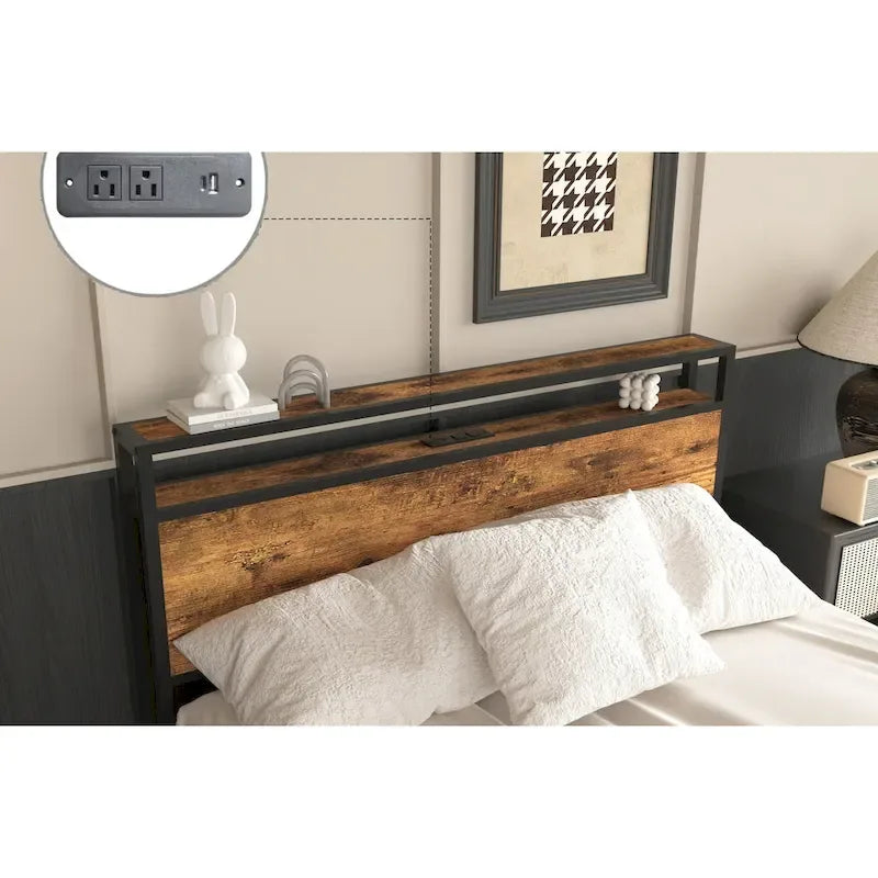 Full Size Storage Bed with LED Lights, Charging Station & 8 Drawers