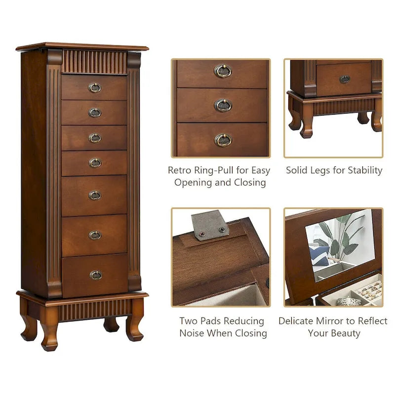 Costway Jewelry Cabinet Storage Chest Stand Organizer Necklace Wood - 14.8(L) X9(W) X38.6(H)