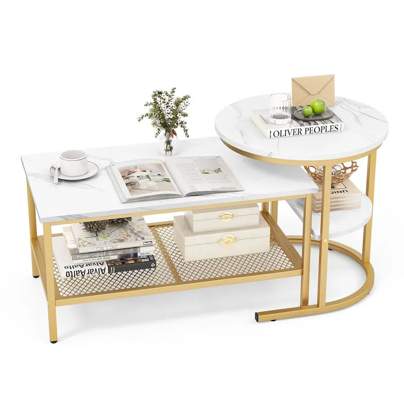Gymax Nesting Coffee Table Set of 2 Faux Marble Top Detachable w/