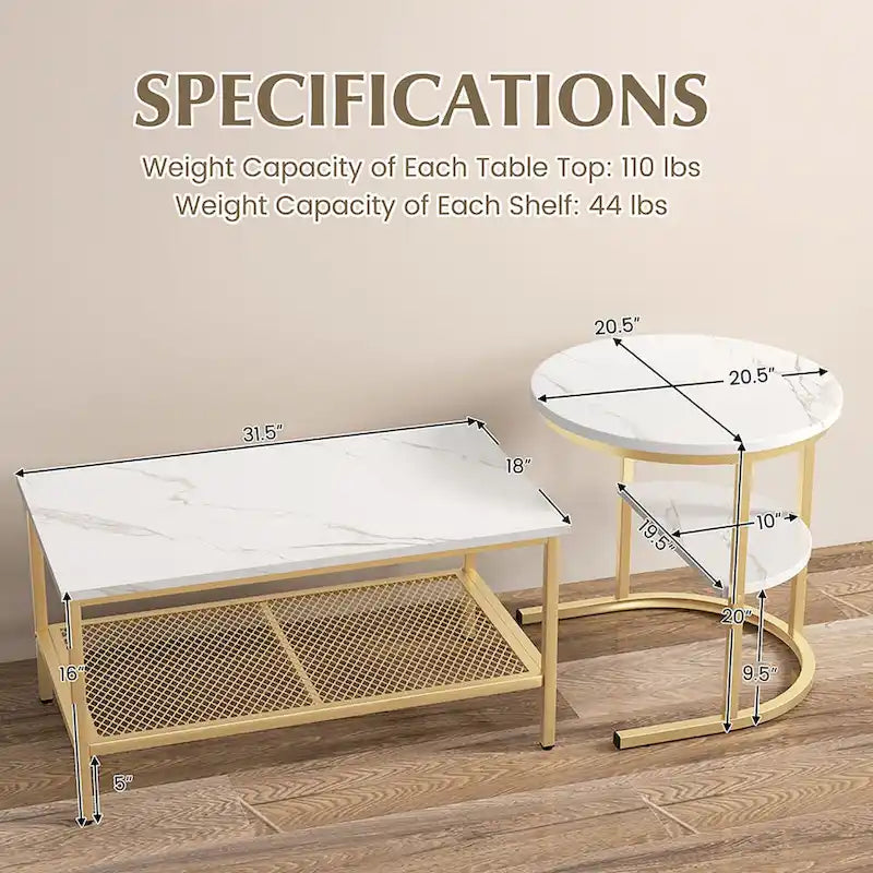Gymax Nesting Coffee Table Set of 2 Faux Marble Top Detachable w/