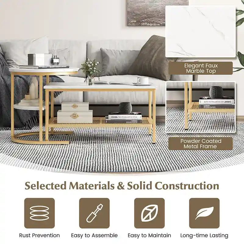 Gymax Nesting Coffee Table Set of 2 Faux Marble Top Detachable w/