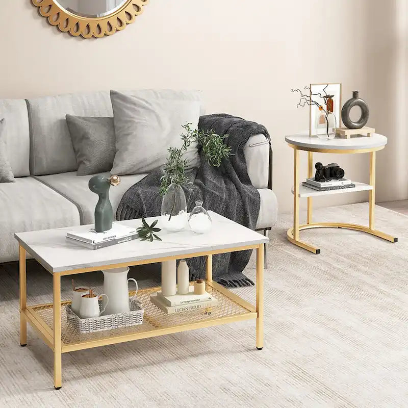 Gymax Nesting Coffee Table Set of 2 Faux Marble Top Detachable w/