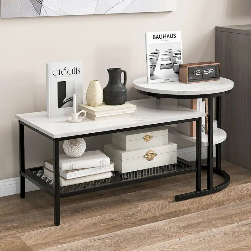 Gymax Nesting Coffee Table Set of 2 Faux Marble Top Detachable w/