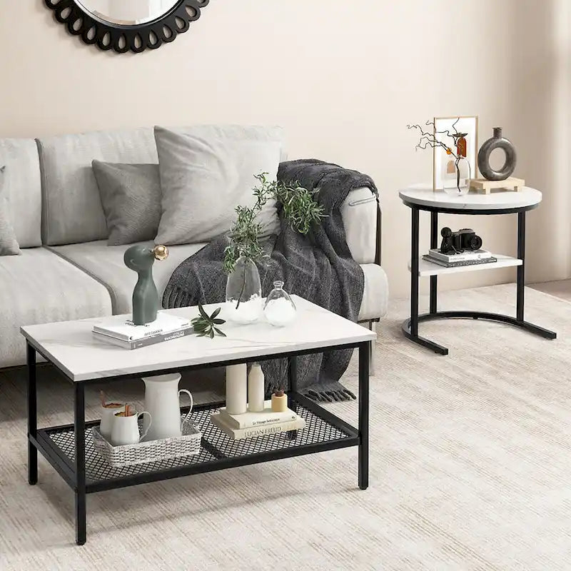 Gymax Nesting Coffee Table Set of 2 Faux Marble Top Detachable w/