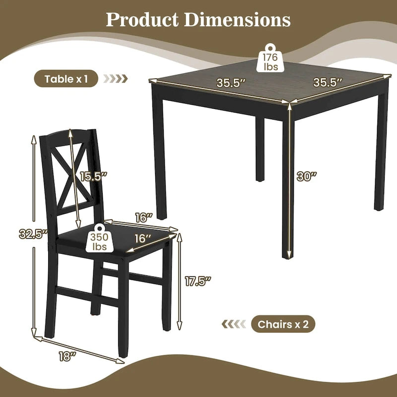 Costway 3 PCS Dining Table Set Wooden Square Kitchen Table with 2