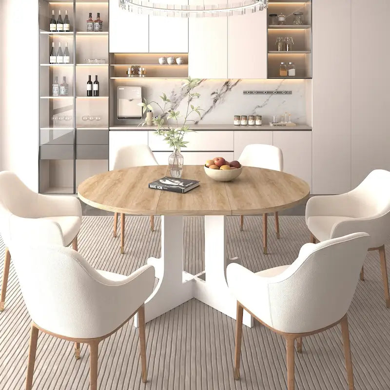 Elegant Farmhouse Round Dining Table with Adjustable Length and X-Base Be Used for Modern Dining Room