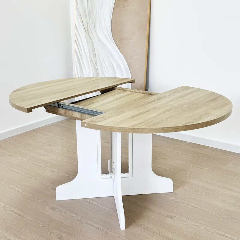 Elegant Farmhouse Round Dining Table with Adjustable Length and X-Base Be Used for Modern Dining Room