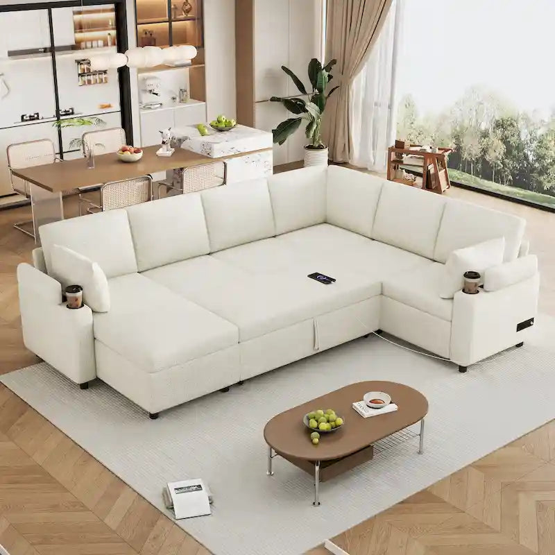 U-shaped Sofa, Chenille Sectional Sofa with 2 Cup Holders and Charging Ports Livingroom Sleeper Recliner Sofa Couch