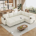 U-shaped Sofa, Chenille Sectional Sofa with 2 Cup Holders and Charging Ports Livingroom Sleeper Recliner Sofa Couch