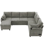 U-shaped Sofa, Chenille Sectional Sofa with 2 Cup Holders and Charging Ports Livingroom Sleeper Recliner Sofa Couch