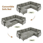 U-shaped Sofa, Chenille Sectional Sofa with 2 Cup Holders and Charging Ports Livingroom Sleeper Recliner Sofa Couch