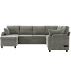 U-shaped Sofa, Chenille Sectional Sofa with 2 Cup Holders and Charging Ports Livingroom Sleeper Recliner Sofa Couch