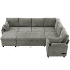 U-shaped Sofa, Chenille Sectional Sofa with 2 Cup Holders and Charging Ports Livingroom Sleeper Recliner Sofa Couch