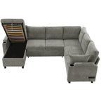 U-shaped Sofa, Chenille Sectional Sofa with 2 Cup Holders and Charging Ports Livingroom Sleeper Recliner Sofa Couch