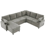 U-shaped Sofa, Chenille Sectional Sofa with 2 Cup Holders and Charging Ports Livingroom Sleeper Recliner Sofa Couch