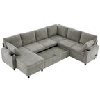 U-shaped Sofa, Chenille Sectional Sofa with 2 Cup Holders and Charging Ports Livingroom Sleeper Recliner Sofa Couch