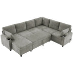 U-shaped Sofa, Chenille Sectional Sofa with 2 Cup Holders and Charging Ports Livingroom Sleeper Recliner Sofa Couch