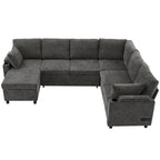 U-shaped Sofa, Chenille Sectional Sofa with 2 Cup Holders and Charging Ports Livingroom Sleeper Recliner Sofa Couch