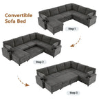 U-shaped Sofa, Chenille Sectional Sofa with 2 Cup Holders and Charging Ports Livingroom Sleeper Recliner Sofa Couch