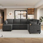 U-shaped Sofa, Chenille Sectional Sofa with 2 Cup Holders and Charging Ports Livingroom Sleeper Recliner Sofa Couch