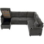 U-shaped Sofa, Chenille Sectional Sofa with 2 Cup Holders and Charging Ports Livingroom Sleeper Recliner Sofa Couch