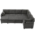 U-shaped Sofa, Chenille Sectional Sofa with 2 Cup Holders and Charging Ports Livingroom Sleeper Recliner Sofa Couch