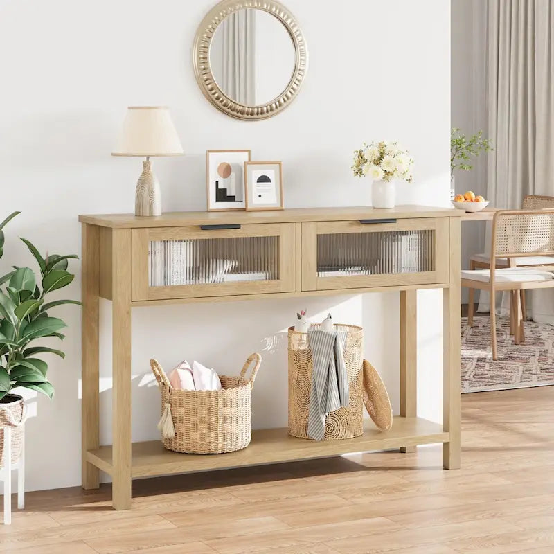 Farmhouse Console Table with 2 Glass Drawers & Shelf for Entryway Living Room