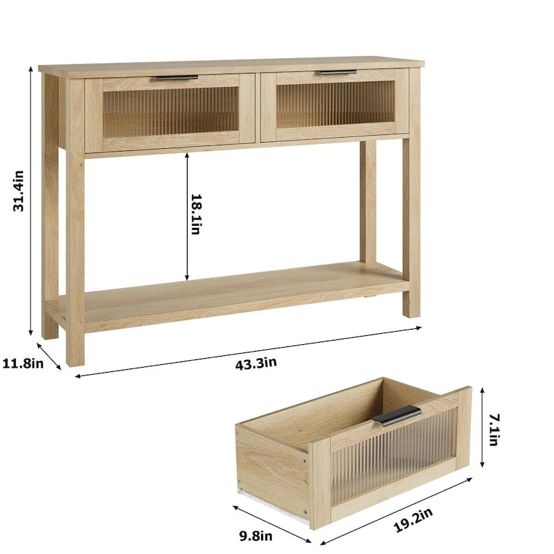 Farmhouse Console Table with 2 Glass Drawers & Shelf for Entryway Living Room