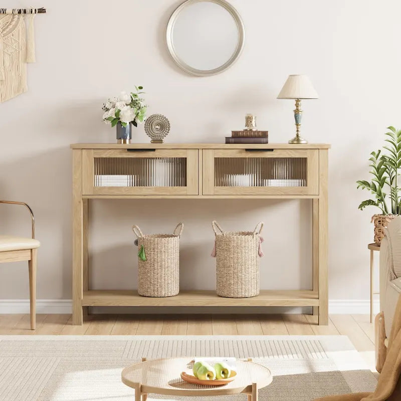 Farmhouse Console Table with 2 Glass Drawers & Shelf for Entryway Living Room