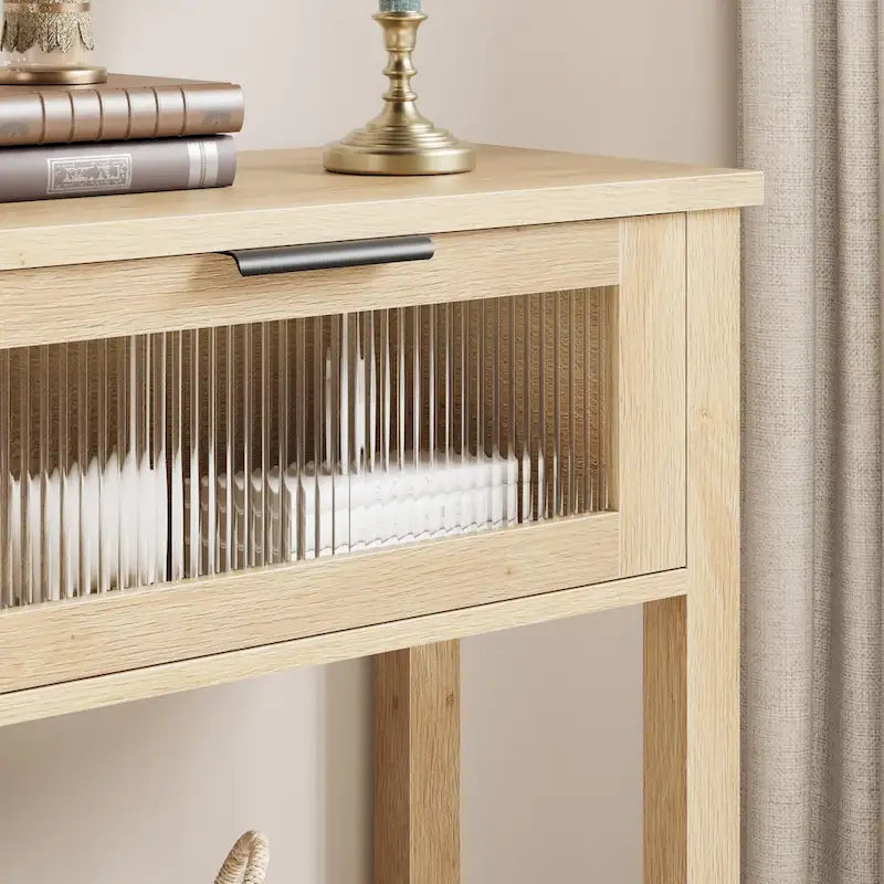 Farmhouse Console Table with 2 Glass Drawers & Shelf for Entryway Living Room