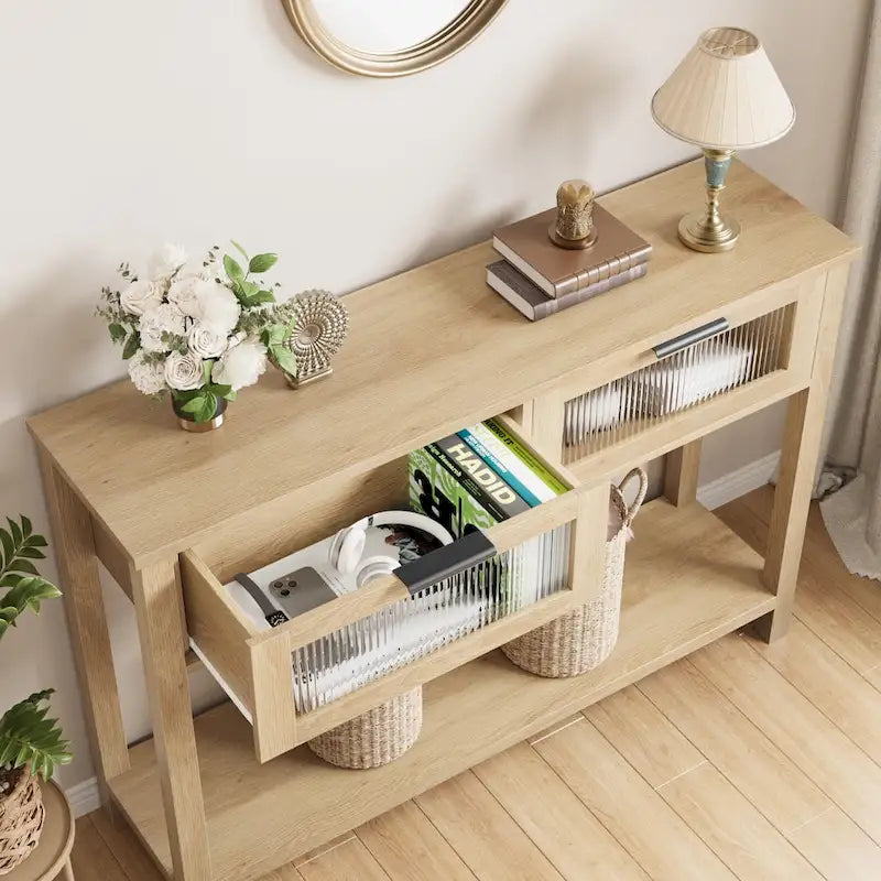 Farmhouse Console Table with 2 Glass Drawers & Shelf for Entryway Living Room