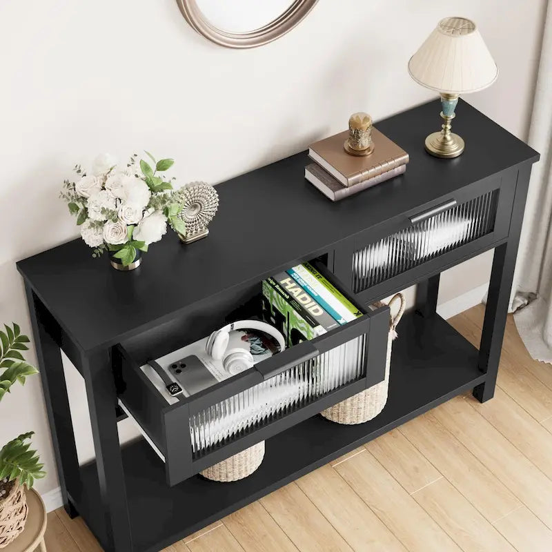 Farmhouse Console Table with 2 Glass Drawers & Shelf for Entryway Living Room