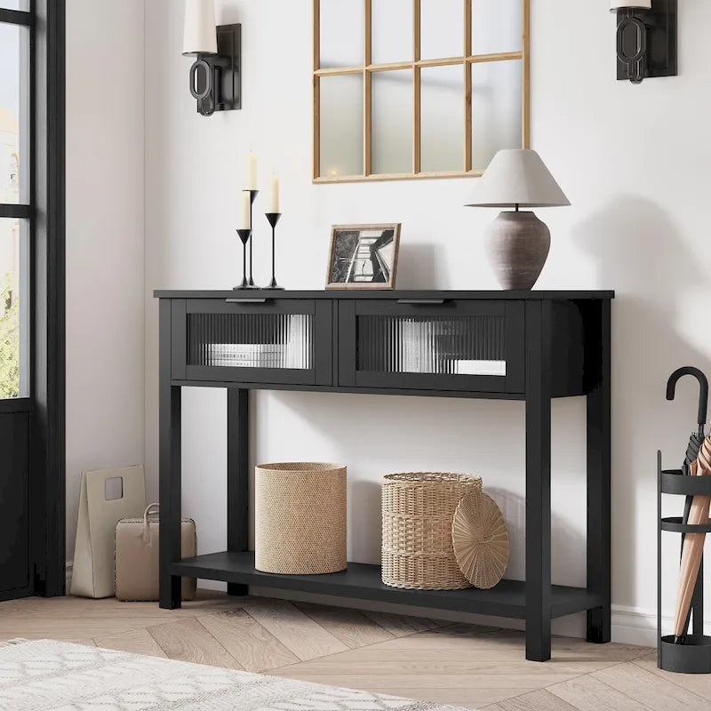 Farmhouse Console Table with 2 Glass Drawers & Shelf for Entryway Living Room