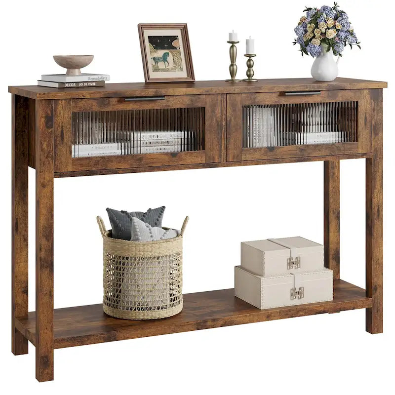 Farmhouse Console Table with 2 Glass Drawers & Shelf for Entryway Living Room