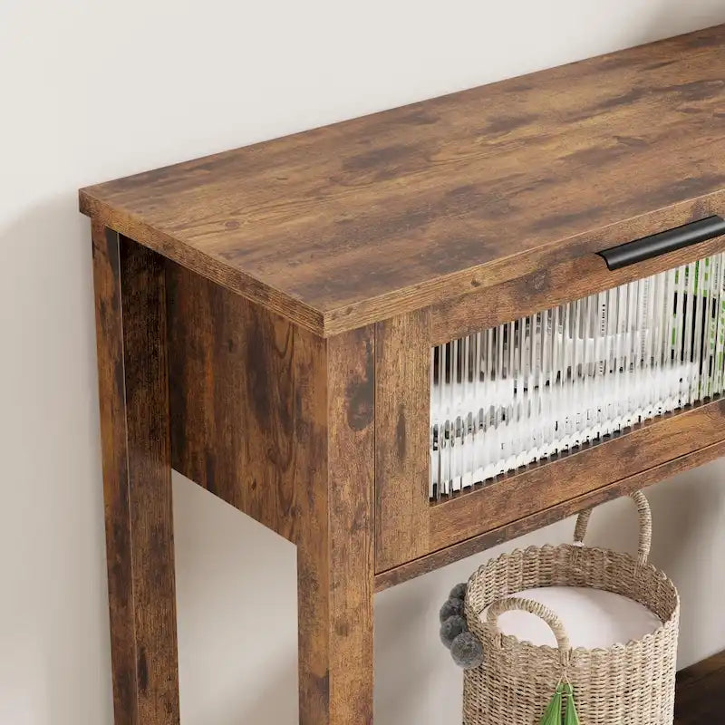 Farmhouse Console Table with 2 Glass Drawers & Shelf for Entryway Living Room