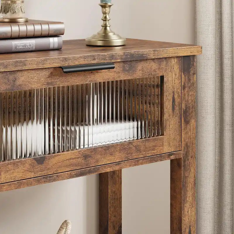 Farmhouse Console Table with 2 Glass Drawers & Shelf for Entryway Living Room