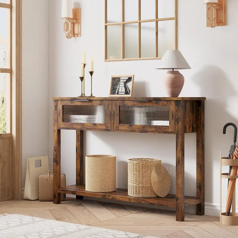 Farmhouse Console Table with 2 Glass Drawers & Shelf for Entryway Living Room