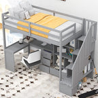 Twin Size Loft Bed w/L-Shaped Desk,Drawers,Cabinet,Storage Staircase