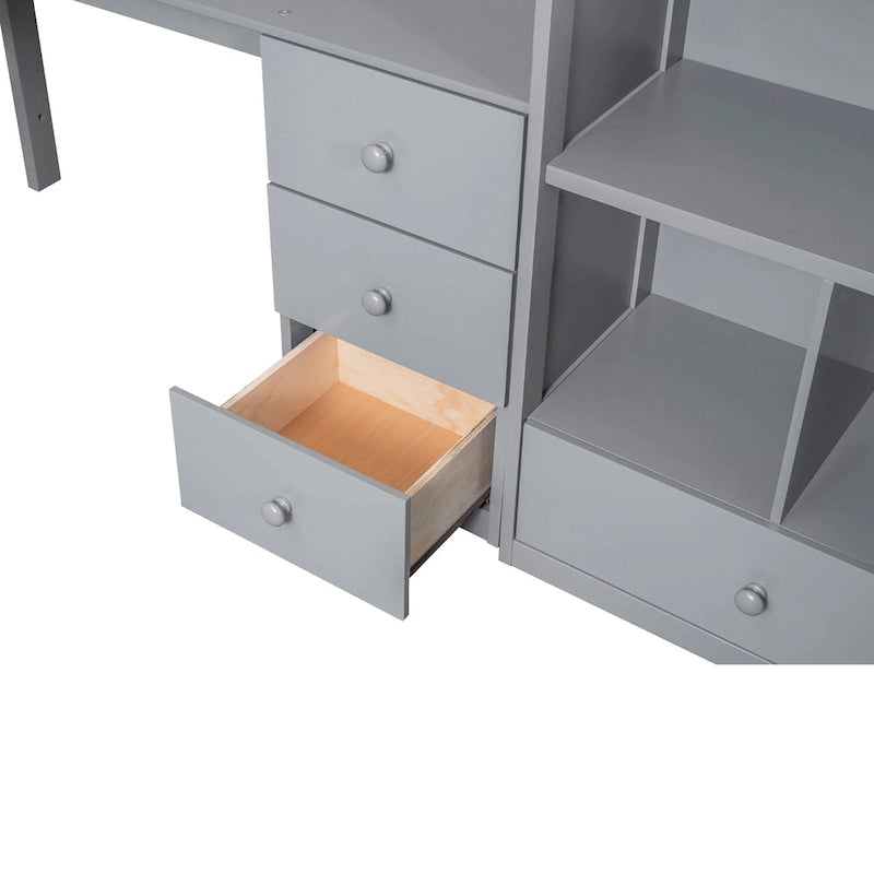 Twin Size Loft Bed w/L-Shaped Desk,Drawers,Cabinet,Storage Staircase