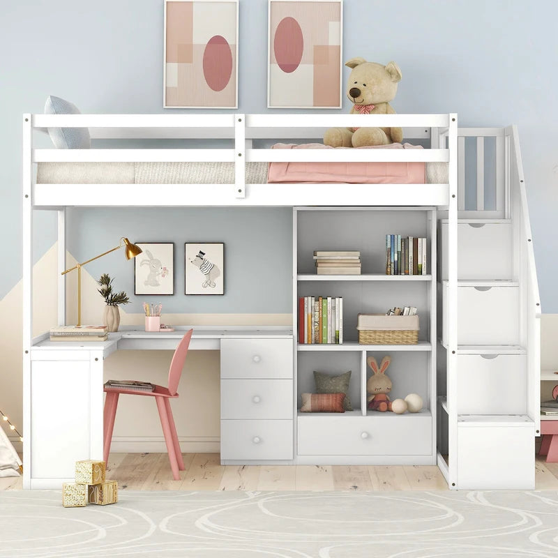 Twin Size Loft Bed w/L-Shaped Desk,Drawers,Cabinet,Storage Staircase
